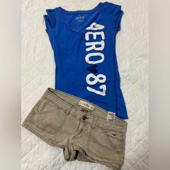 Hollister Pants - Bundle Y2K Blue t-shirt Size S/P Aeropostale And Tan Shorts Holliester s27 Set